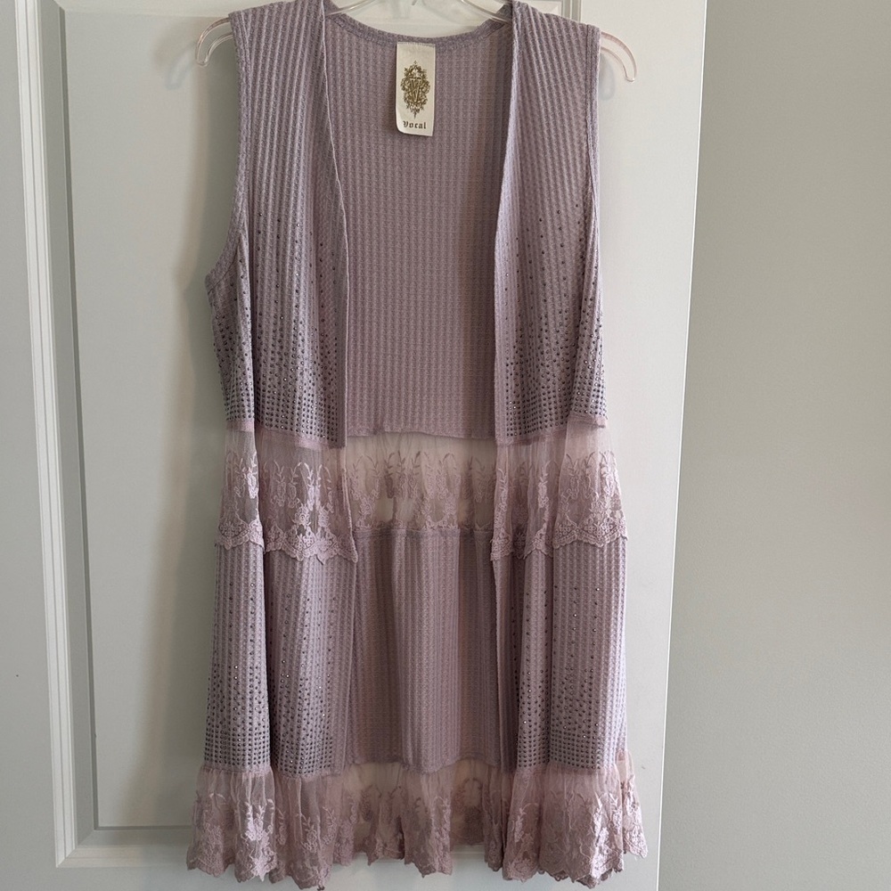 Vocal Sleeveless Duster Mauve Lace Rhinestones